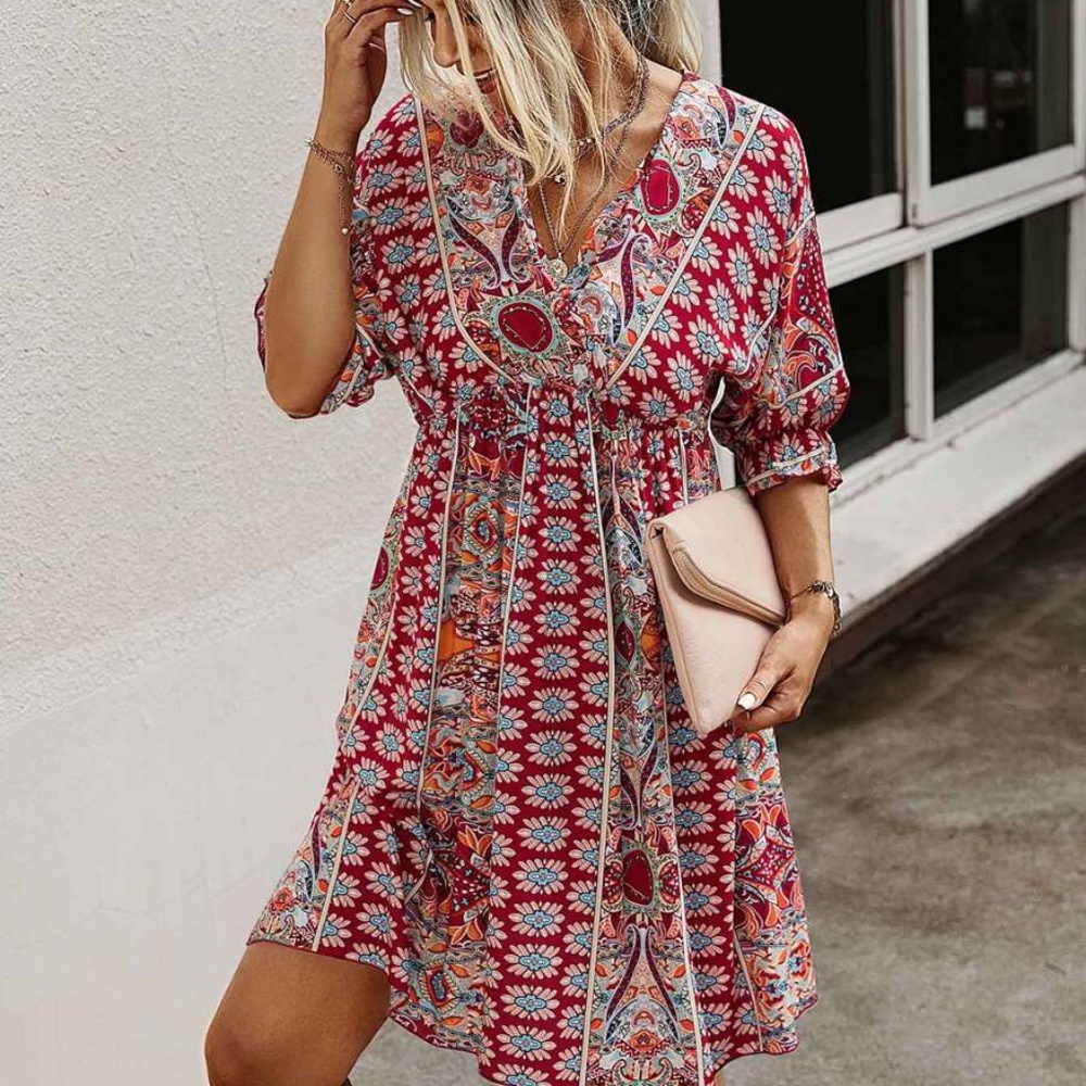 Boho Blue Orange Paisley V neck Gypsy Mini Dress - Picture 15 of 16